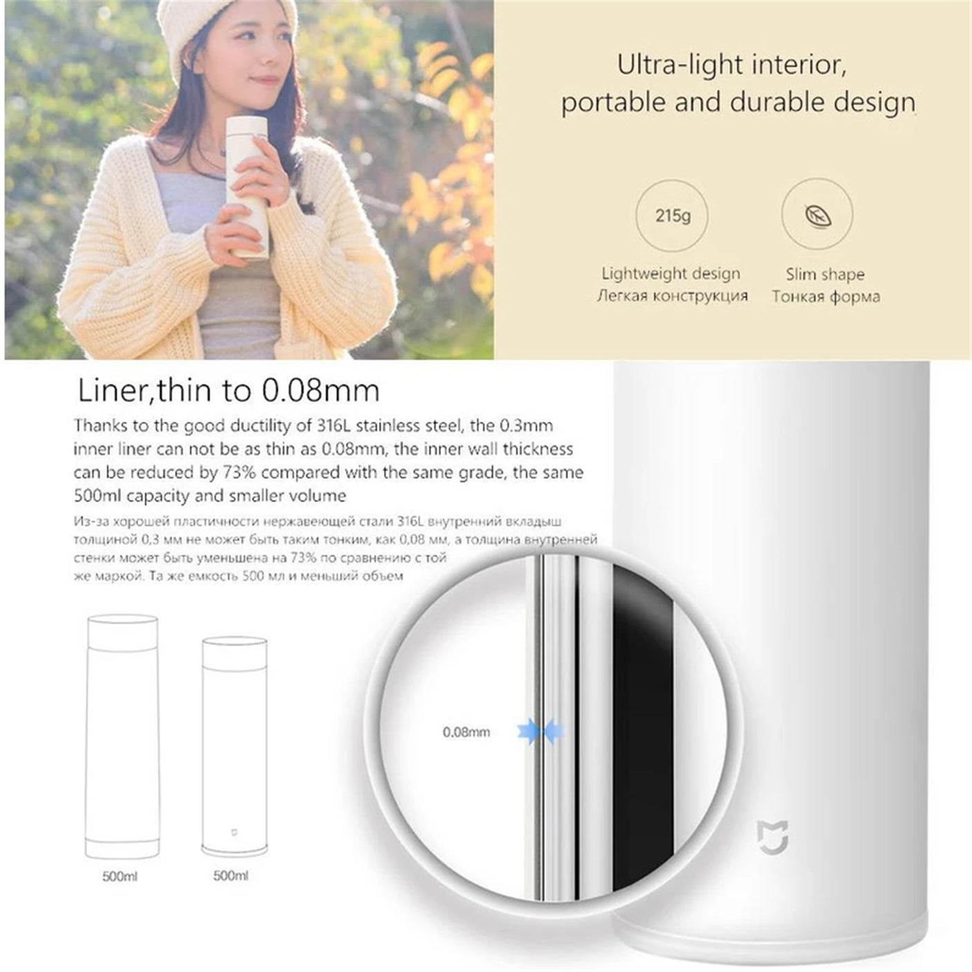 DS PB Xiaomi Insulated Portable Mug 350ML Medical Grade 316L Stainless Steel