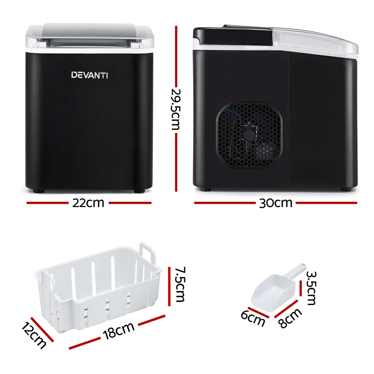 DS NA Devanti Ice Maker Machine Portable 12kg Countertop w/Self Cleaning 1.2L Bl