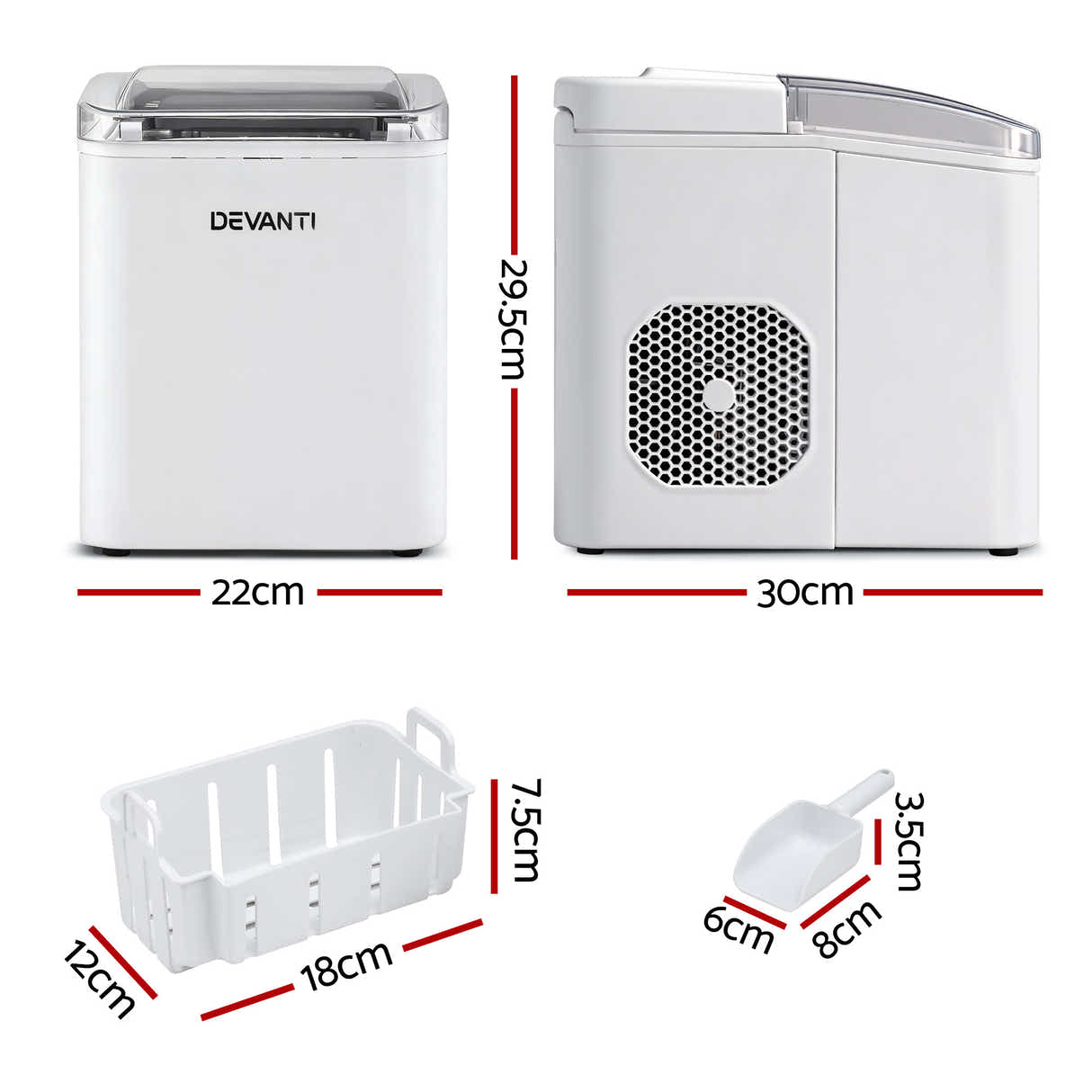 DS NA Devanti Ice Maker Machine Portable 12kg Countertop w/Self Cleaning 1.2L Wh