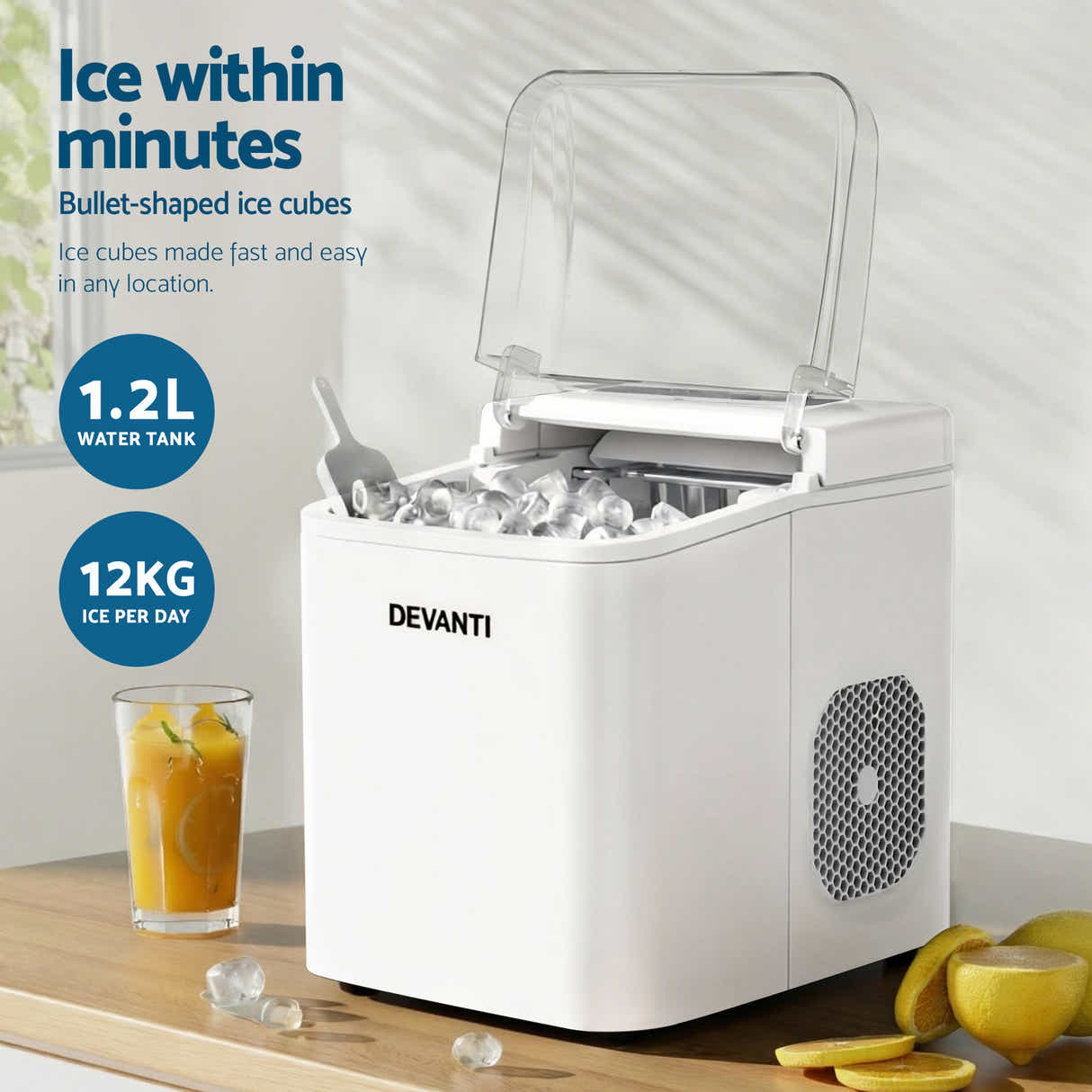 DS NA Devanti Ice Maker Machine Portable 12kg Countertop w/Self Cleaning 1.2L Wh