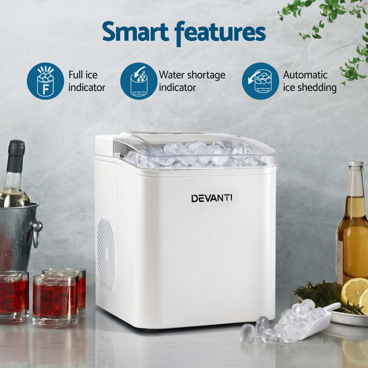 DS NA Devanti Ice Maker Machine Portable 12kg Countertop w/Self Cleaning 1.2L Wh