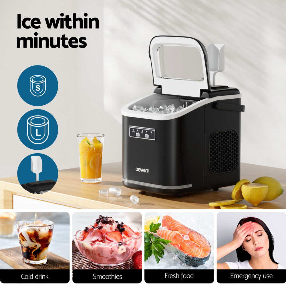 DS NA Devanti Ice Maker Machine Portable 12kg Countertop w/Self Cleaning 1.3L Bl