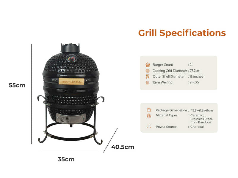 Kamado BBQ Grill Black - 13 Inch