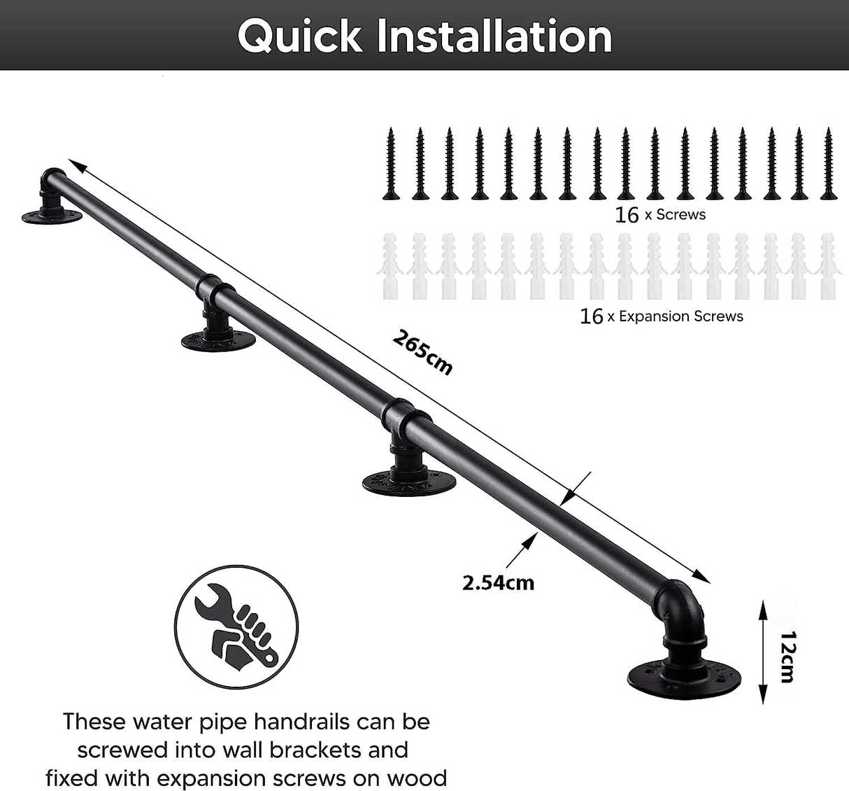 DS BS Industrial Pipe Stair Handrail-265CM