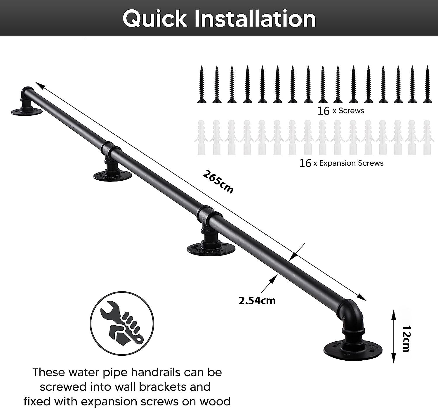 DS BS Industrial Pipe Stair Handrail-265CM