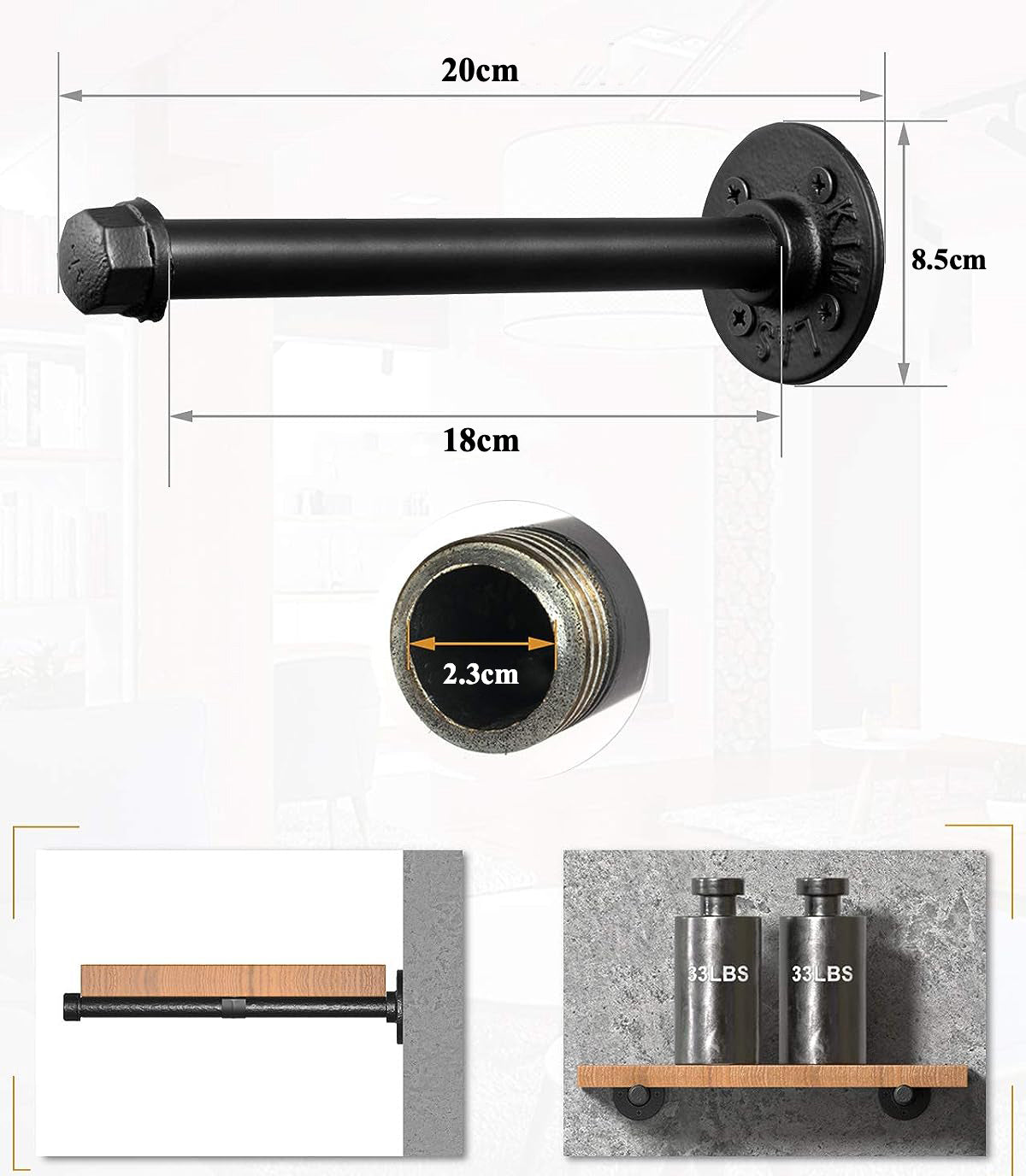 DS BS 4pack Industrial Iron Pipe DIY Floating Shelf Bracket-20CM