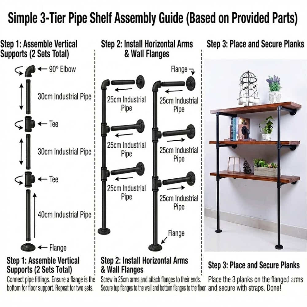 DS BS 3 Tier DIY Industrial Pipe Shelf 60CM