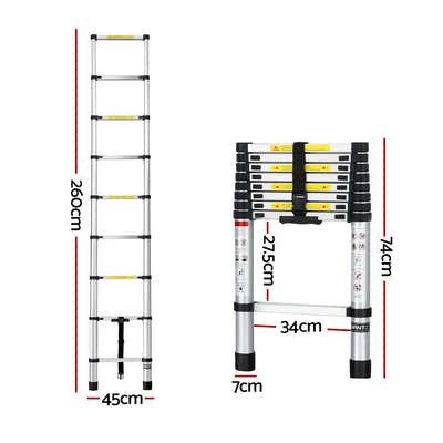 Giantz 2.6M Telescopic Ladder Aluminium Extension Extendable Steps