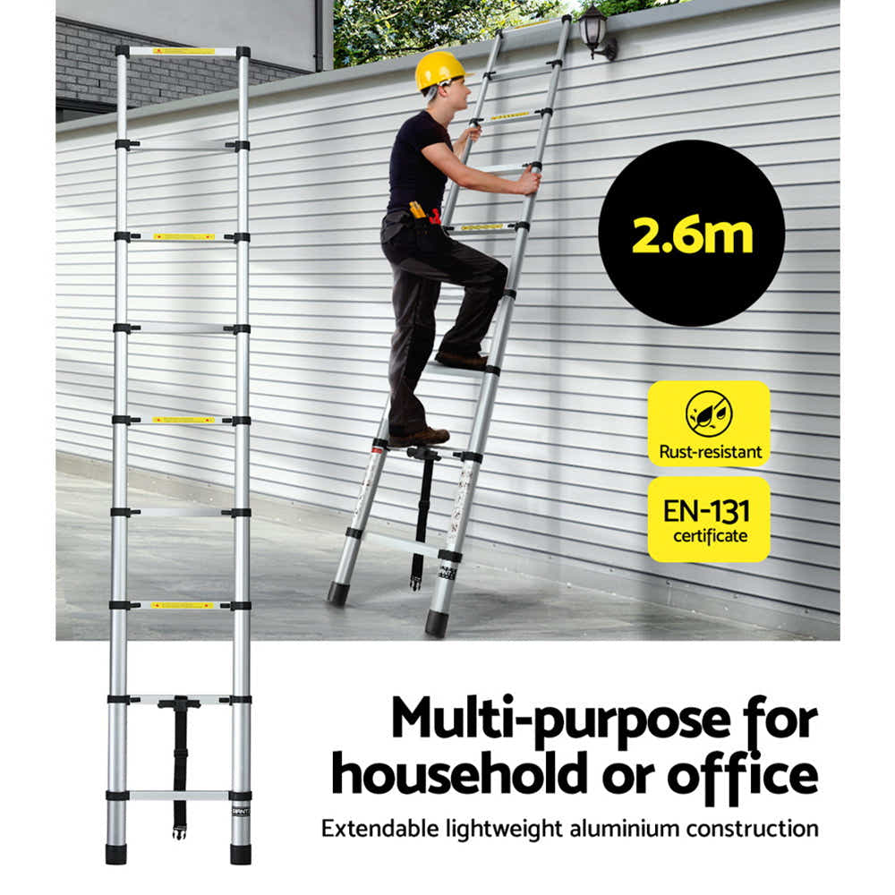 Giantz 2.6M Telescopic Ladder Aluminium Extension Extendable Steps