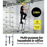 Giantz 2.6M Telescopic Ladder Aluminium Extension Extendable Steps