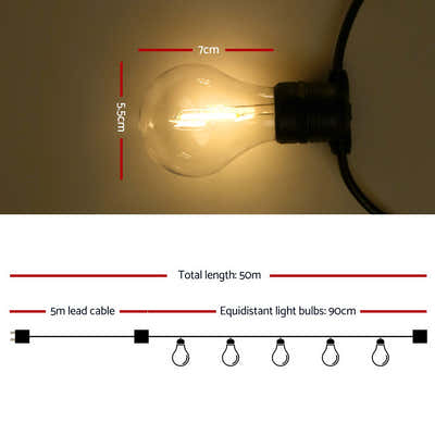 DS NA 50m LED Festoon String Lights 50 Bulbs Kits Wedding Party Christmas A19