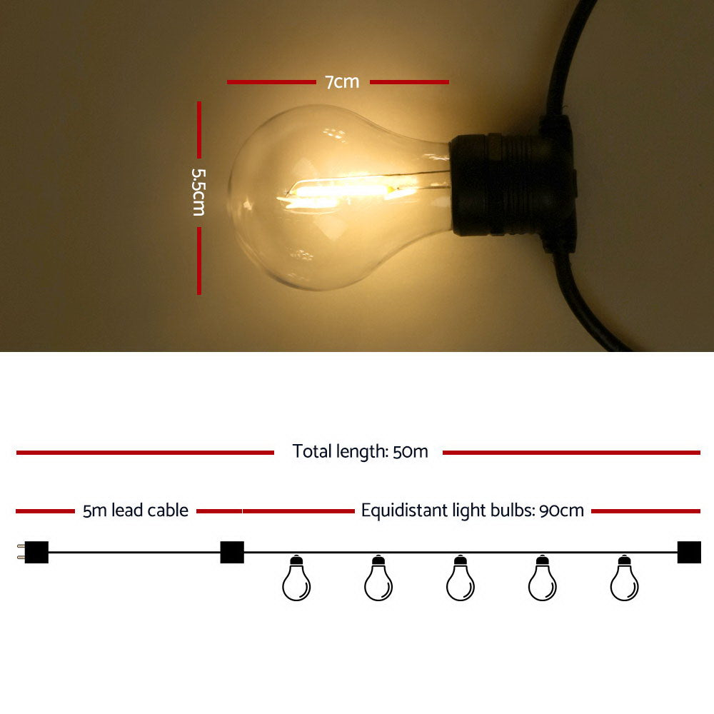 DS NA 50m LED Festoon String Lights 50 Bulbs Kits Wedding Party Christmas A19