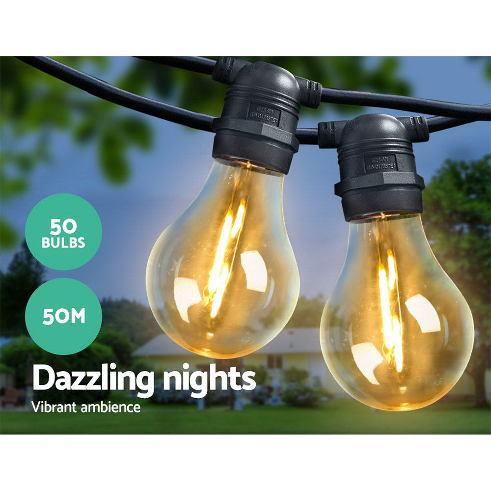 DS NA 50m LED Festoon String Lights 50 Bulbs Kits Wedding Party Christmas A19