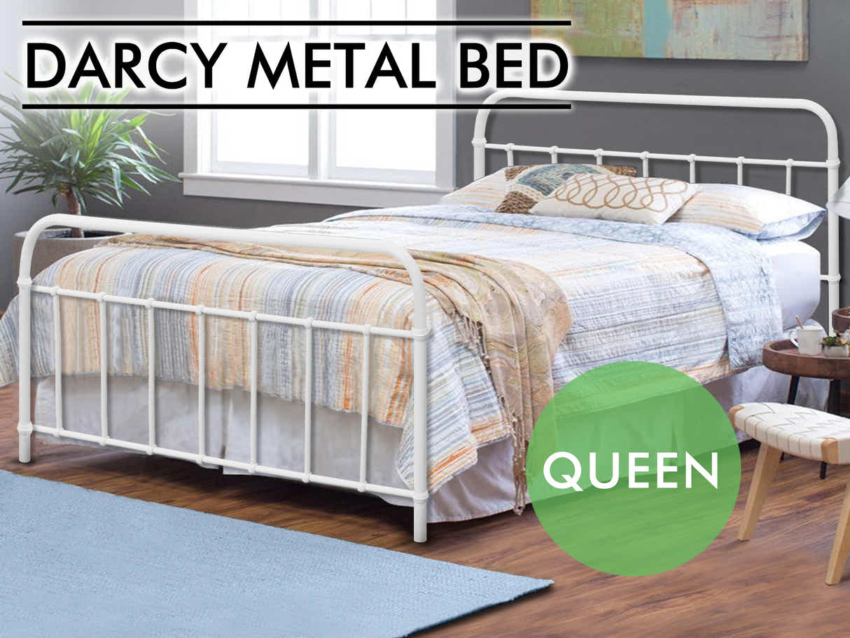 Darcy Metal Bed Frame White & Euro Top Mattress B34 - Queen