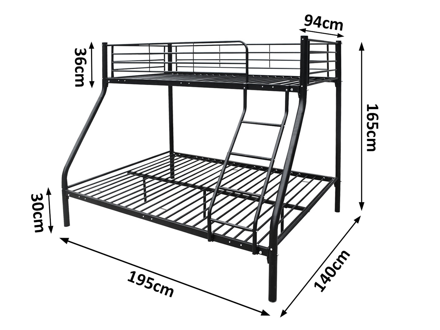 DS Triple Bunk Bed Black 36cm top guardrail