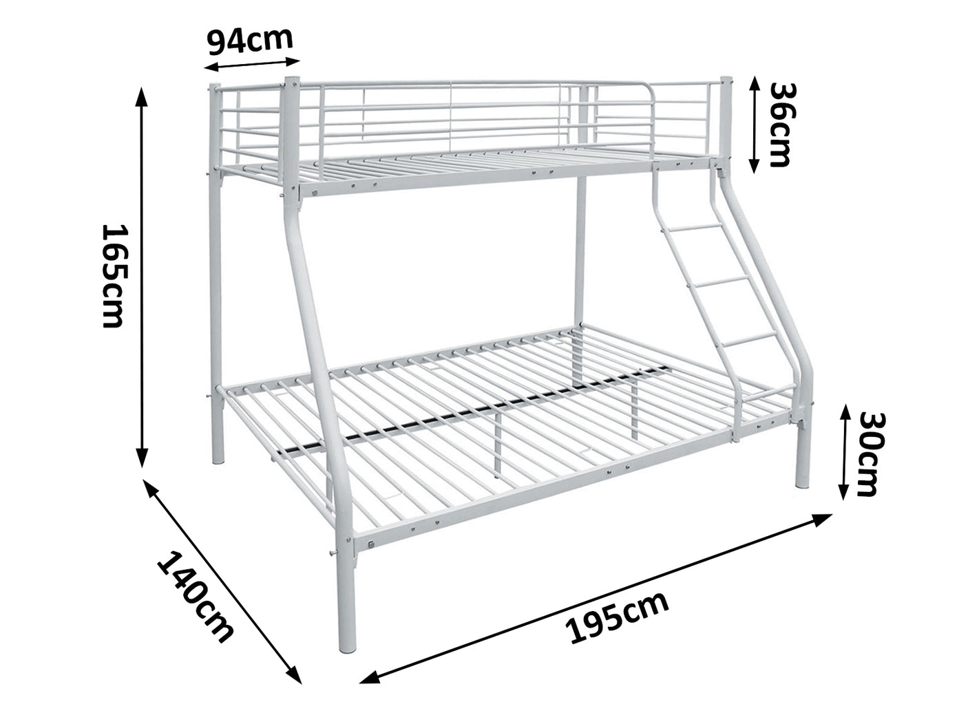Triple Bunk Bed White 36cm top guardrail