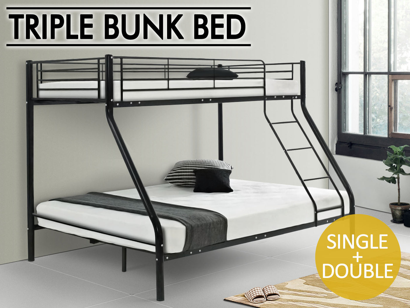 DS Triple Bunk Bed Black 36cm top guardrail