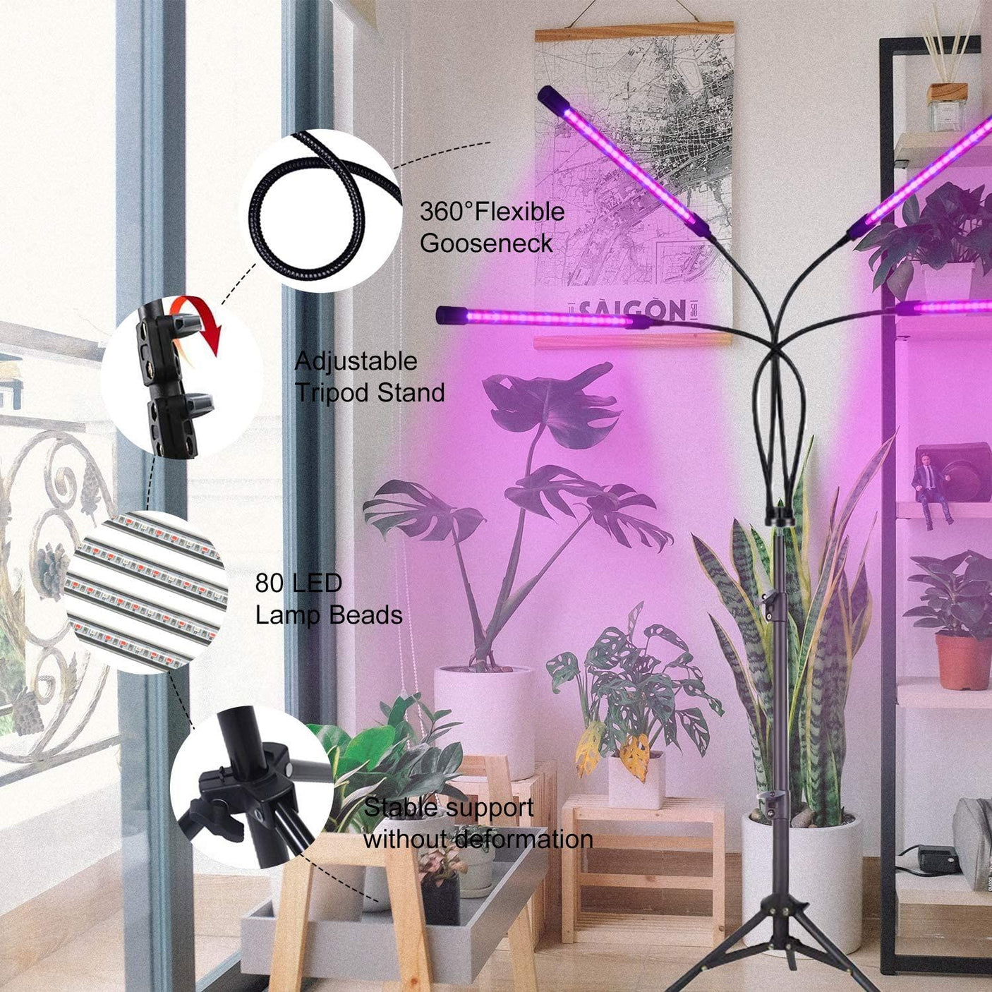 DS BS 4 Head LED Plant Grow Light with Stand and Remote Control