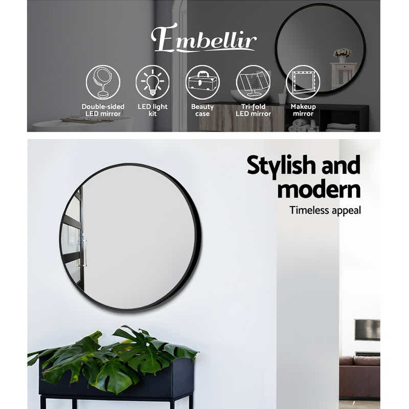 DS NA Embellir 2 Wall Mirror Makeup 50cm Home Decor Bathroom Round Black
