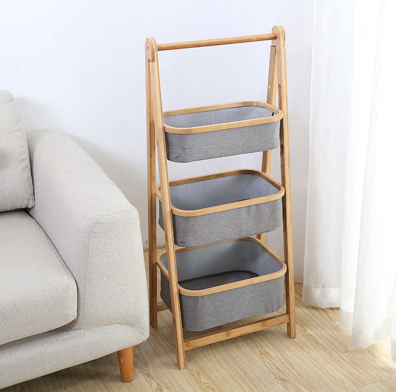 DS BS Natural Bamboo 3-Tier Laundry Basket Rack