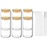 DS BS 6 Pack Drinking Glass Cup with Bamboo Lid and Straw Set