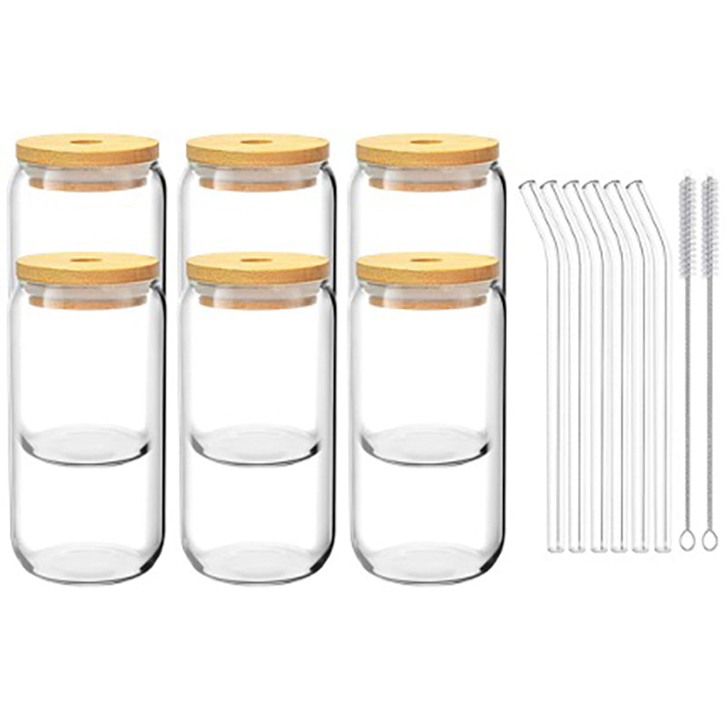 DS BS 6 Pack Drinking Glass Cup with Bamboo Lid and Straw Set