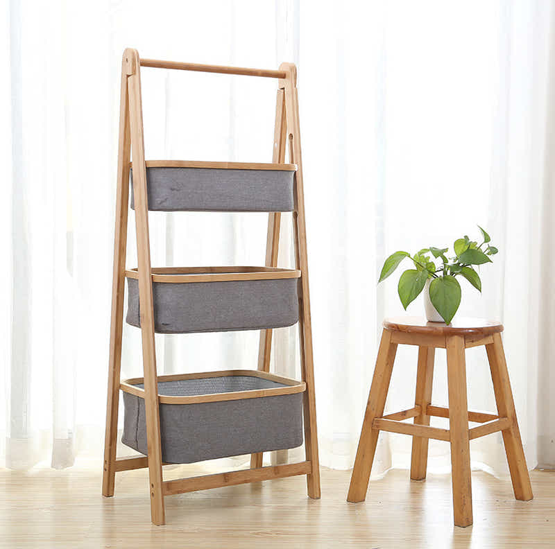 DS BS Natural Bamboo 3-Tier Laundry Basket Rack