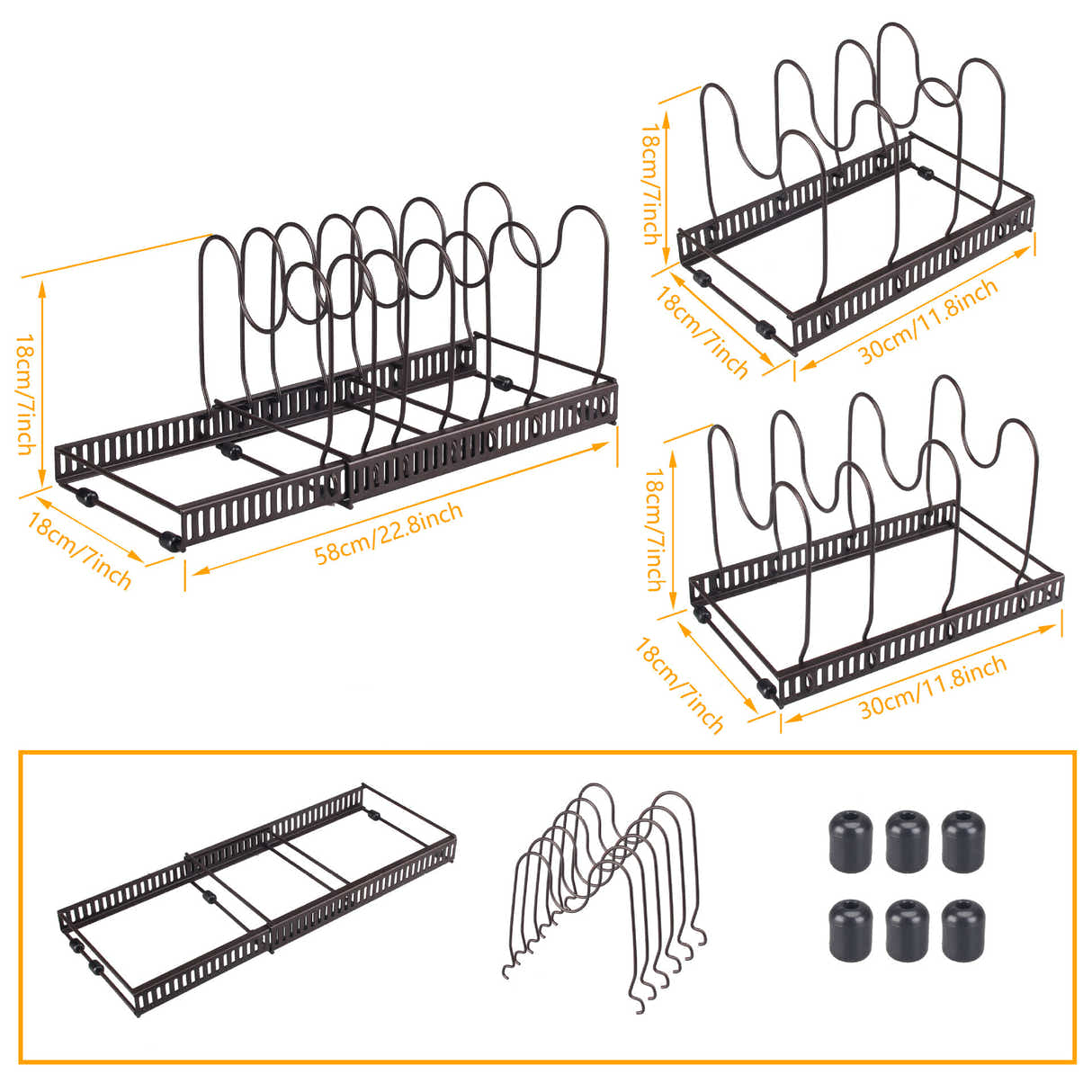 DS BS Adjustable Pot Lid Organizer Dividers Rack 7 Grid-Bronze
