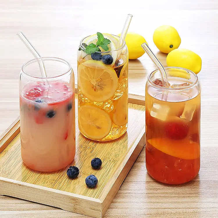 DS BS 6 Pack Drinking Glass Cup with Bamboo Lid and Straw Set