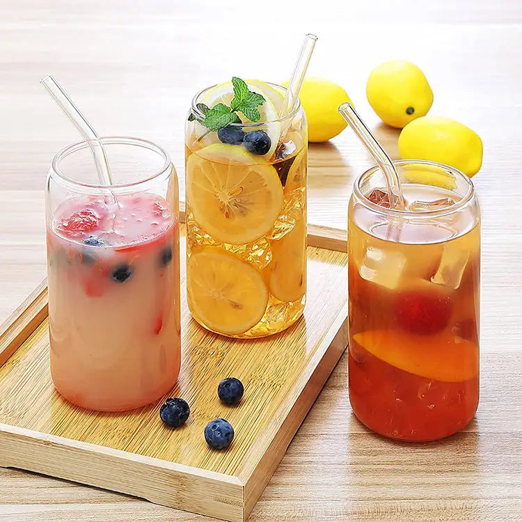 DS BS 6 Pack Drinking Glass Cup with Bamboo Lid and Straw Set