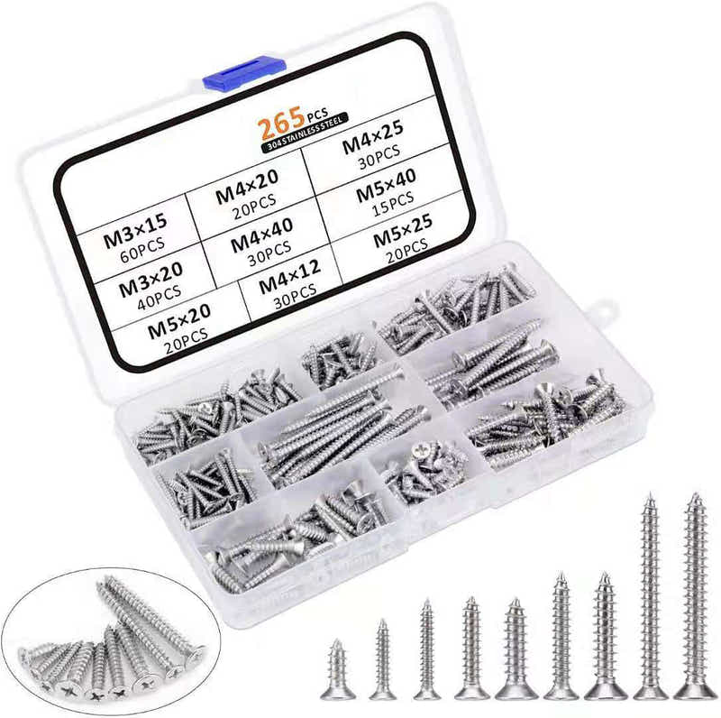 DS BS 265pc Stainless Steel Phillips Flat Head Self-Tapping Screws Set