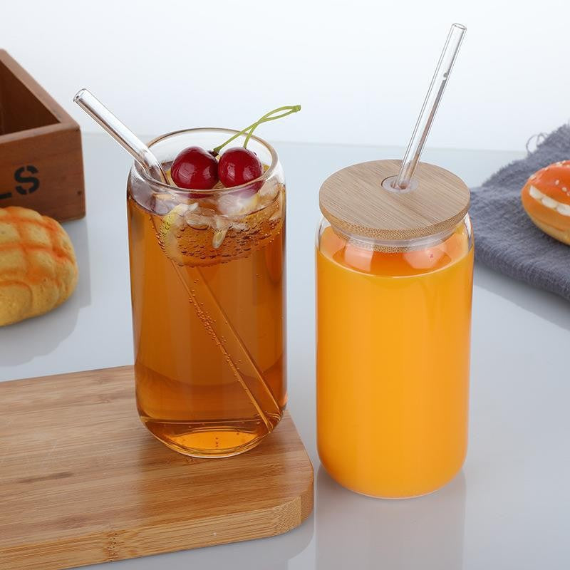 DS BS 6 Pack Drinking Glass Cup with Bamboo Lid and Straw Set