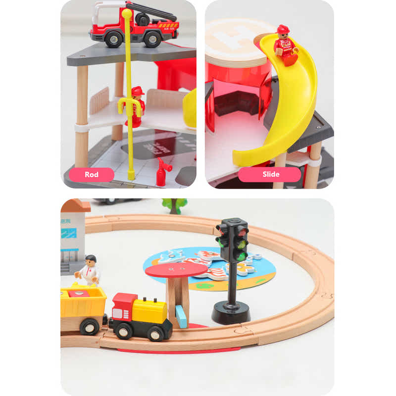 DS BS Wooden Train Tracks & Trains Construction Toys-Fire Station
