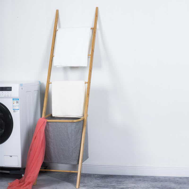 DS BS Bamboo Wall Leaning Ladder Laundry Basket Shelf 180 cm