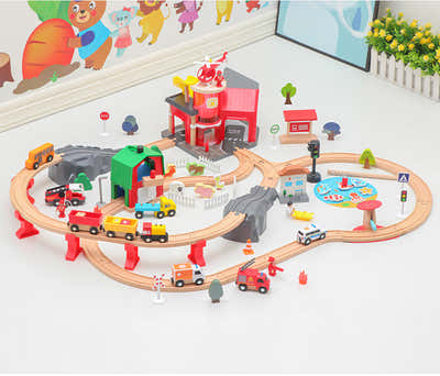 DS BS Wooden Train Tracks & Trains Construction Toys-Fire Station