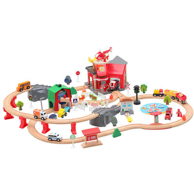 DS BS Wooden Train Tracks & Trains Construction Toys-Fire Station
