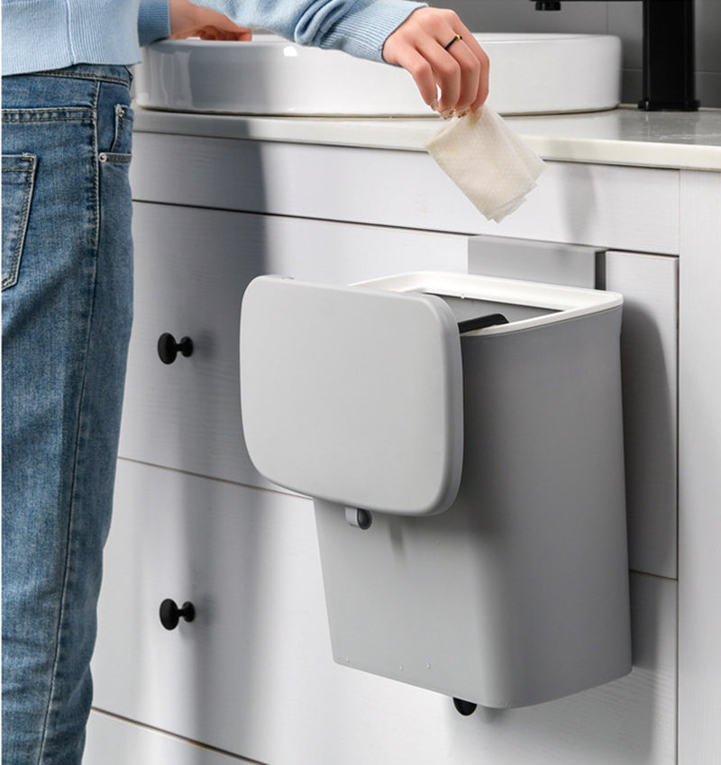 DS BS Kitchen Cabinet Door Hanging Trash Can with Lid-Gray
