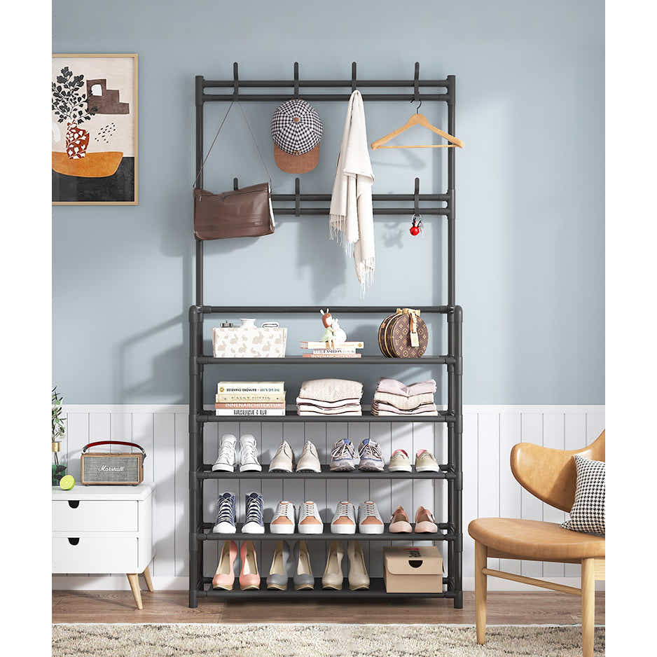 DS BS 5 Tier Multifunctional Hat Rack Shoes Rack Hall Tree-Black
