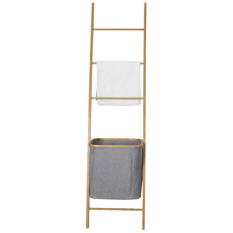 DS BS Bamboo Wall Leaning Ladder Laundry Basket Shelf 180 cm