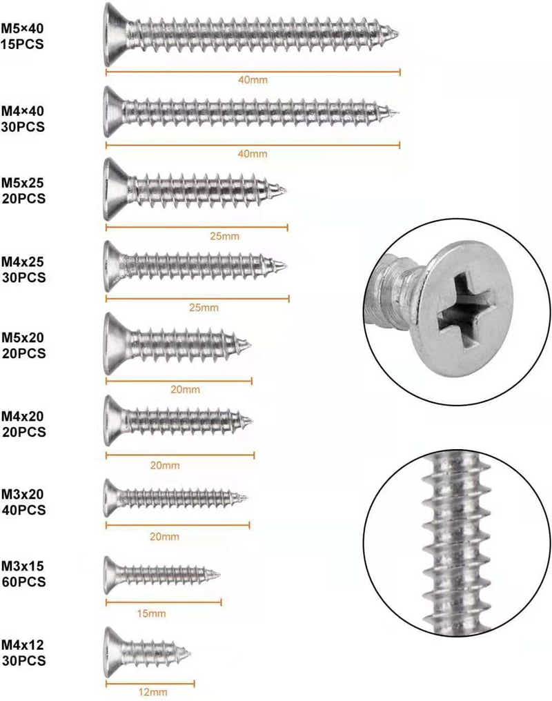 DS BS 265pc Stainless Steel Phillips Flat Head Self-Tapping Screws Set