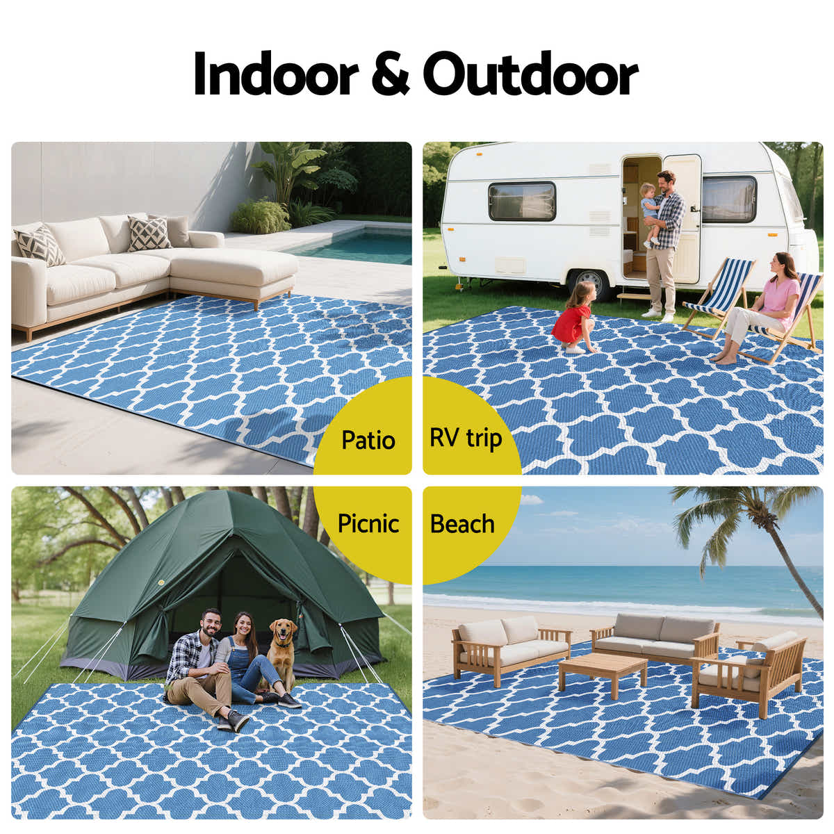 Gardeon Outdoor Rugs 274x366cm Large Carpet Reversible Area Mat Rug Blue