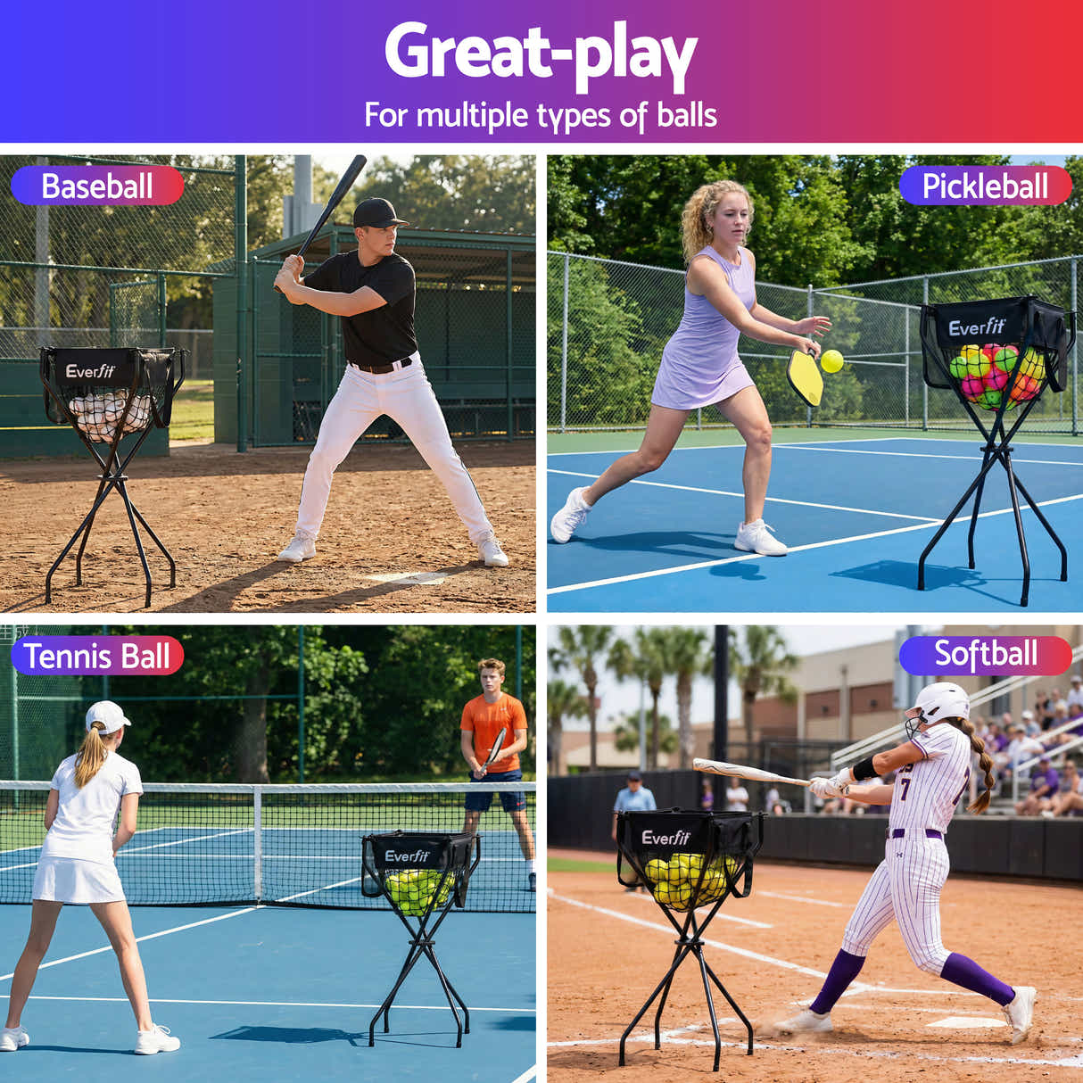 DS NA Everfit Portable Ball Cart Foldable Pickleball Tennis Baseball Softball