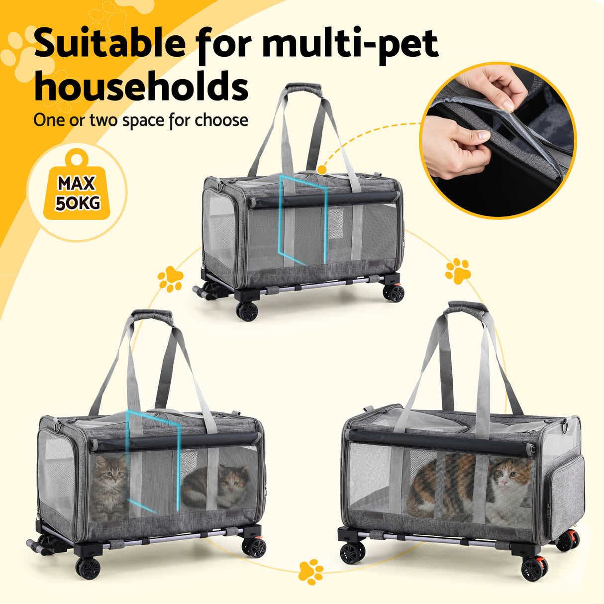 DS NA i.Pet Pet Carrier Swivel Wheels Foldable Cat Dog Trolley Stroller  Grey