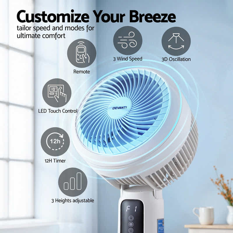 Pedestal Fan W/ Remote 3 Speed 12H Timer Height Adjustable Cooling Fan