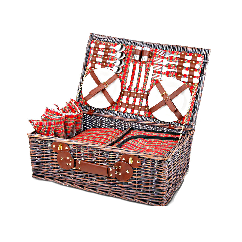DS NA 4 Person Picnic Basket Wicker Picnic Set Outdoor Insulated Blanket