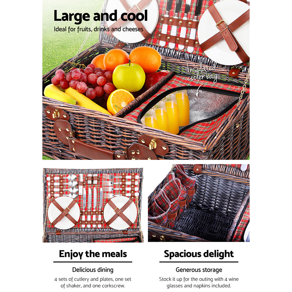 DS NA 4 Person Picnic Basket Wicker Picnic Set Outdoor Insulated Blanket