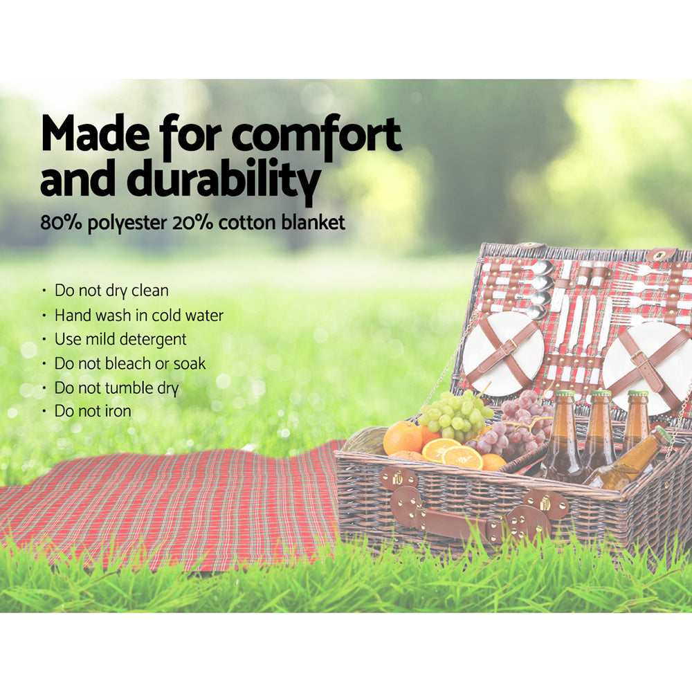 DS NA 4 Person Picnic Basket Wicker Picnic Set Outdoor Insulated Blanket