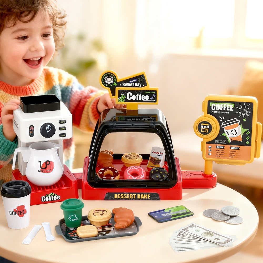 DS NA Keezi Kids Toy Coffee Shop,Coffee Maker Machine Play Money Tea Party Set