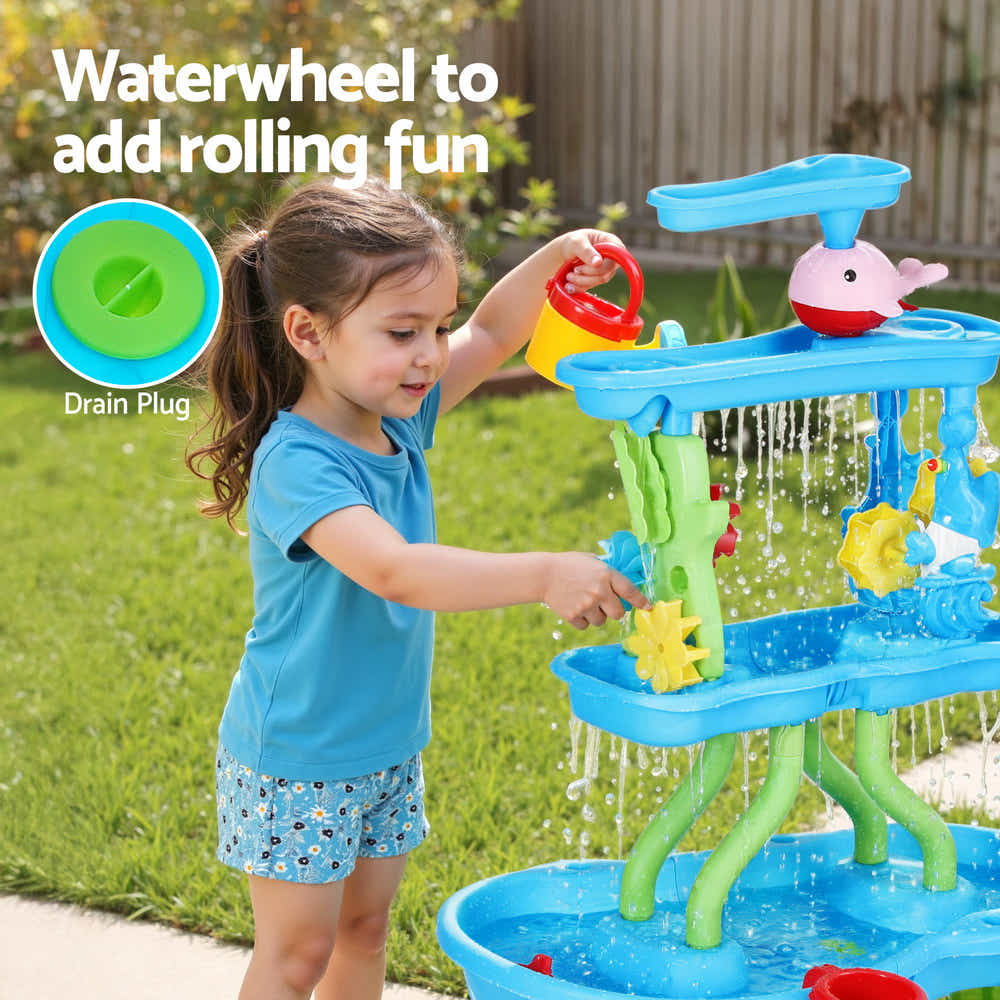 DS NA Keezi Kids Sand and Water Table 4-Tier Waterfall Sandpit Toys Beach Shovel