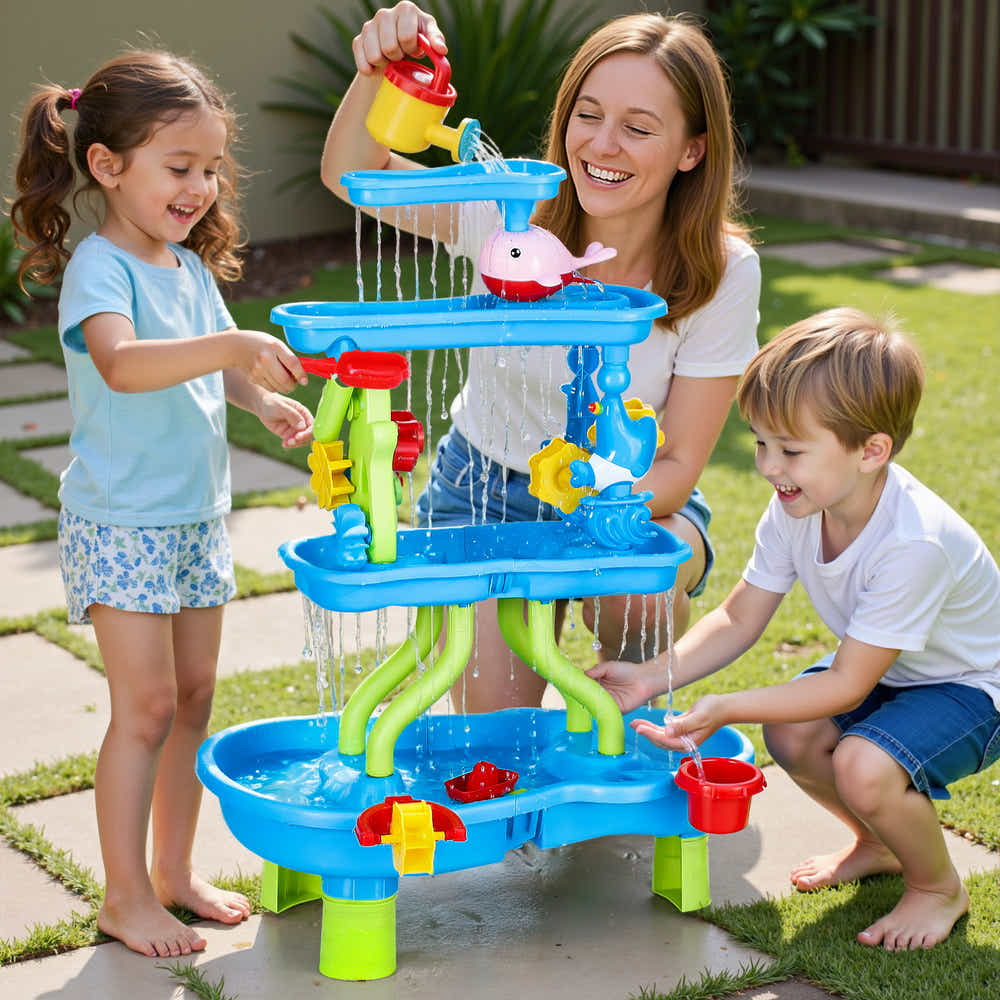 DS NA Keezi Kids Sand and Water Table 4-Tier Waterfall Sandpit Toys Beach Shovel